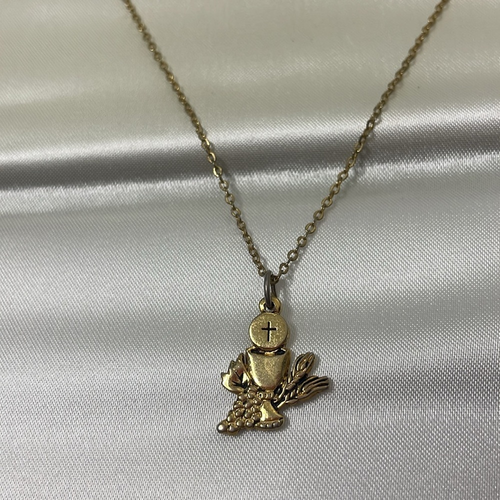 First Communion Gold Tone Pendant Necklace With Chalice Design - Picture 3 of 5